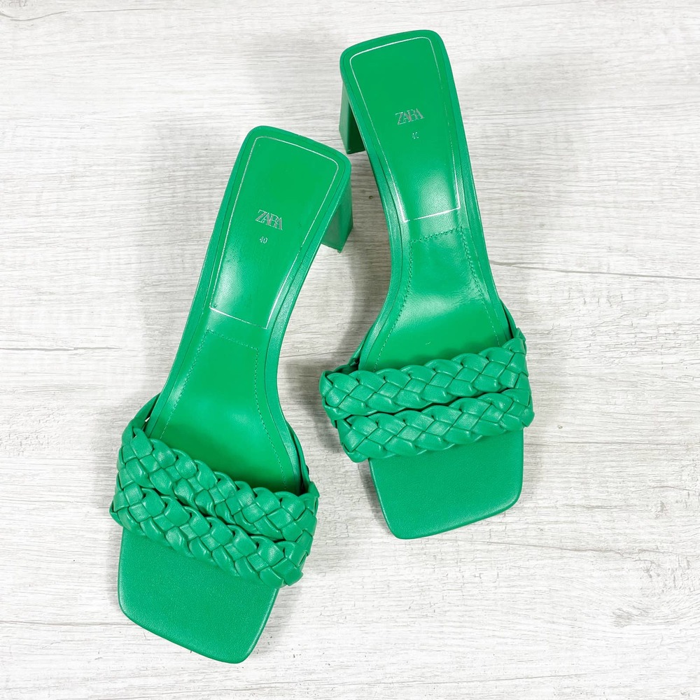 ZARA Kelly Green Open Toe Heels Slides Double Braided Strap 3 Inch Heel Sz UK 40